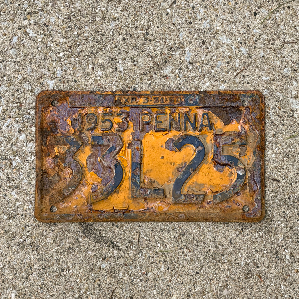 Photo of a 1953 Pennsylvania License Plate Auto Tag Garage Decor Vintage 33L25 with original patina