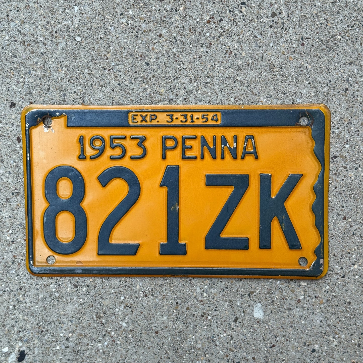 Photo of a 1953 Pennsylvania License Plate Auto Tag Garage Decor Vintage 821 ZK with original patina