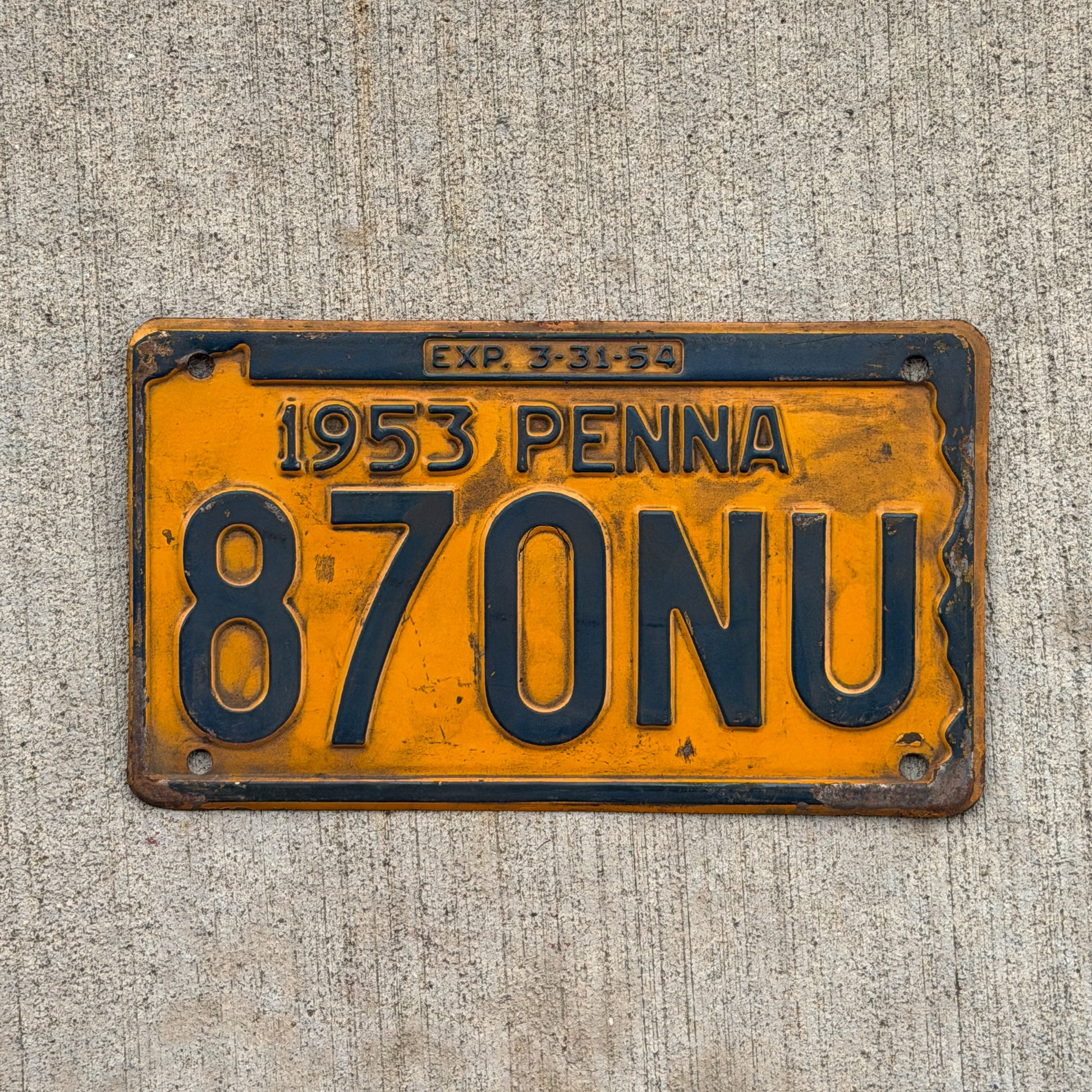 Photo of a 1953 Pennsylvania License Plate Auto Tag Garage Decor Vintage 870 NU with original patina