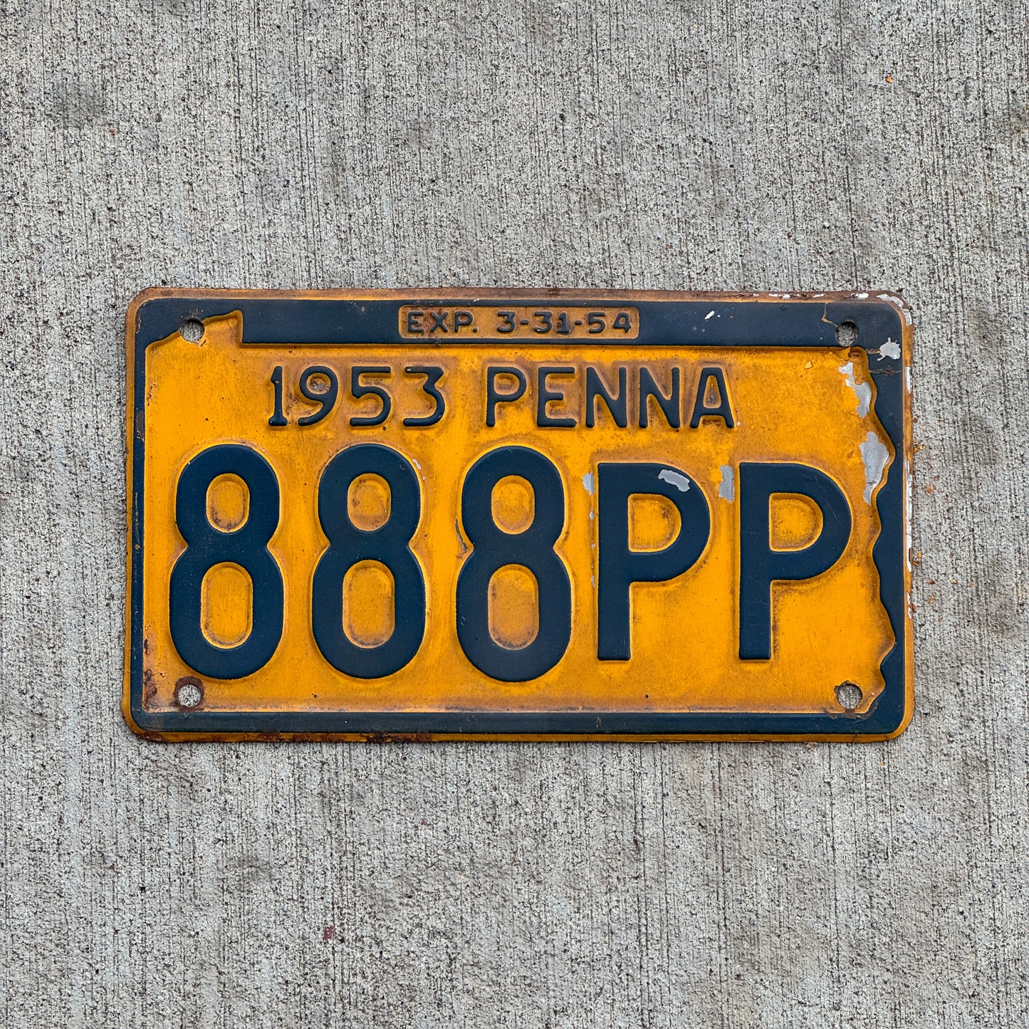 Photo of a 1953 Pennsylvania License Plate Auto Tag Garage Decor Vintage Repeat Repeating 888 PP with original patina