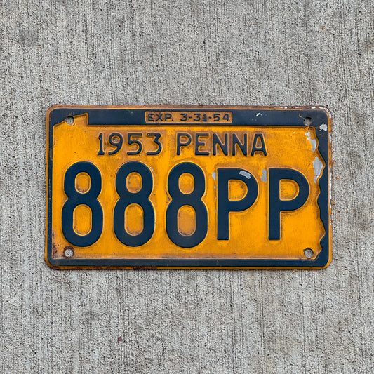 Photo of a 1953 Pennsylvania License Plate Auto Tag Garage Decor Vintage Repeat Repeating 888 PP with original patina