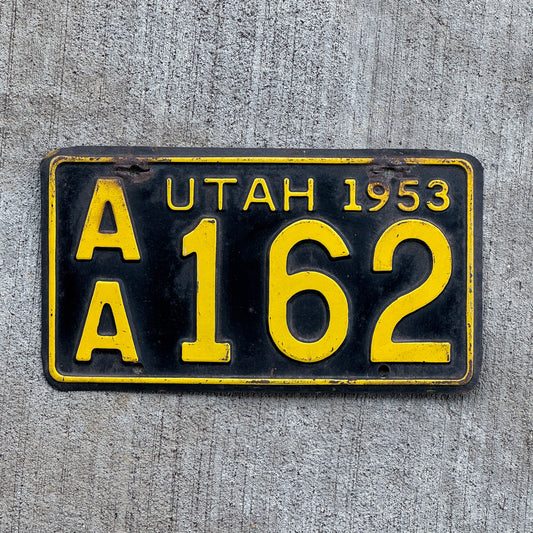 Photo of a 1953 Utah License Plate Auto Tag Garage Decor Vintage Low Number Three Digit AA 162 with original patina