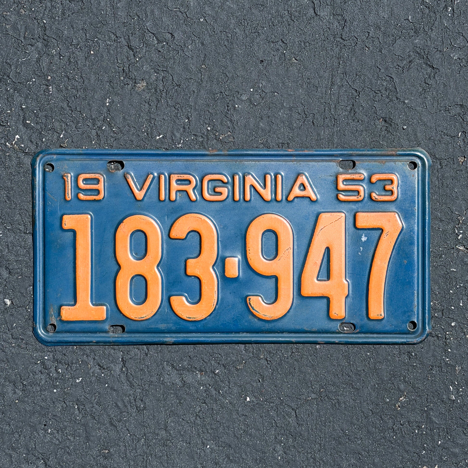Photo of a 1953 Virginia License Plate Auto Tag Garage Decor Vintage University Colors 183 947 with original patina