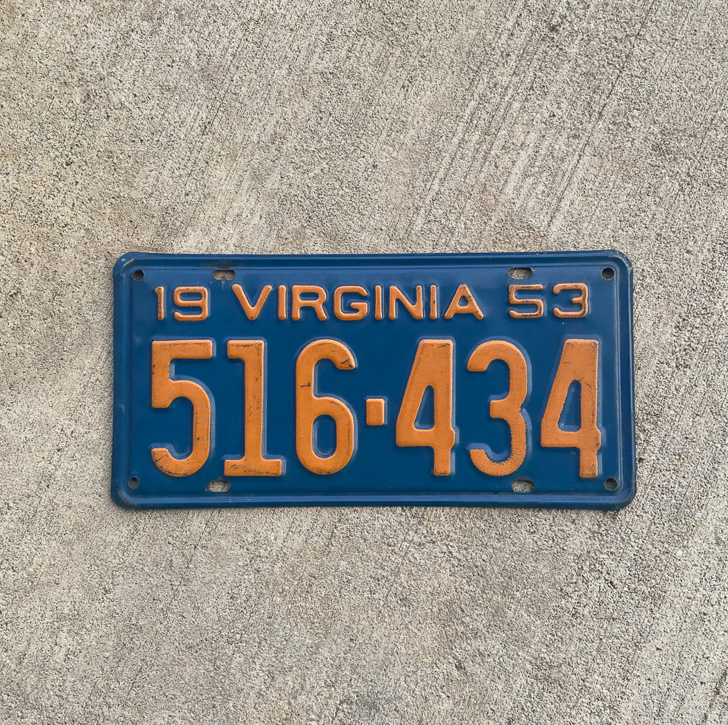 Photo of a 1953 Virginia License Plate Auto Tag Garage Decor Vintage University Colors UVA 516 434 with original patina