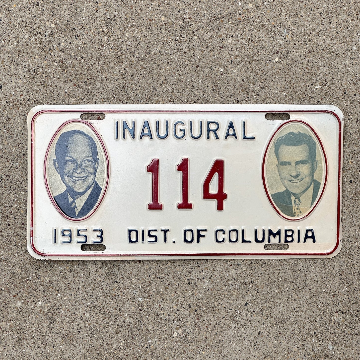Photo of a 1953 Washington DC Inaugural License Plate Auto Tag Garage Decor Vintage Politics Political Low Number Three Digit High Quality 114 with original patina