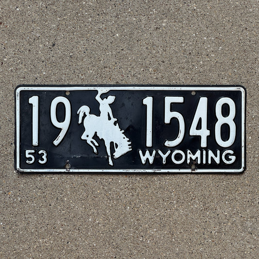 Photo of a 1953 Wyoming License Plate Auto Tag Garage Decor Vintage Cowboy Rodeo 19 1548 with original patina