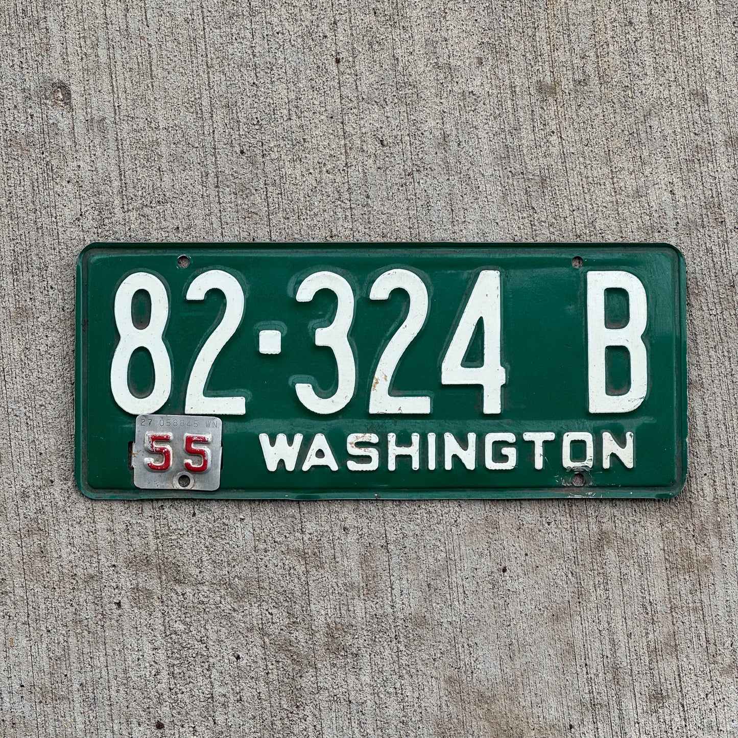 Photo of a 1954 1955 Washington License Plate Auto Tag Garage Decor Vintage 82 324 B with original patina