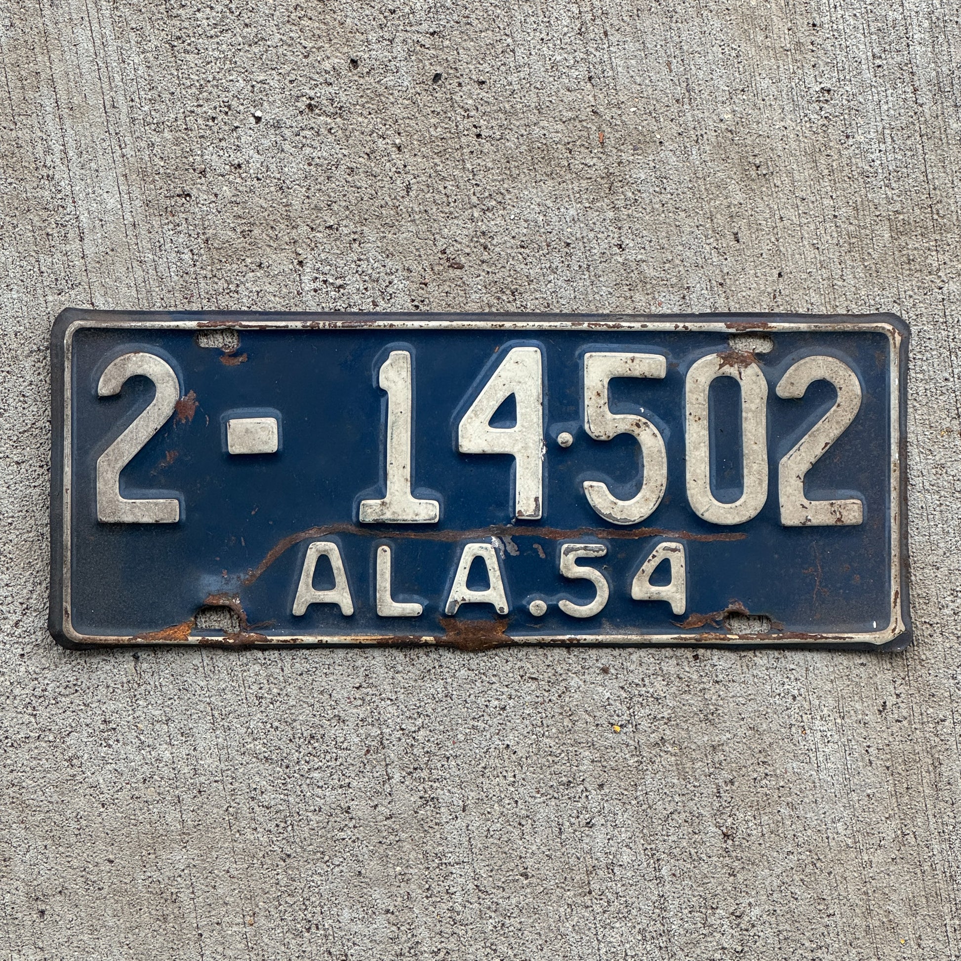 Photo of a 1954 Alabama License Plate Auto Tag Garage Decor Vintage 2 14 502 with original patina