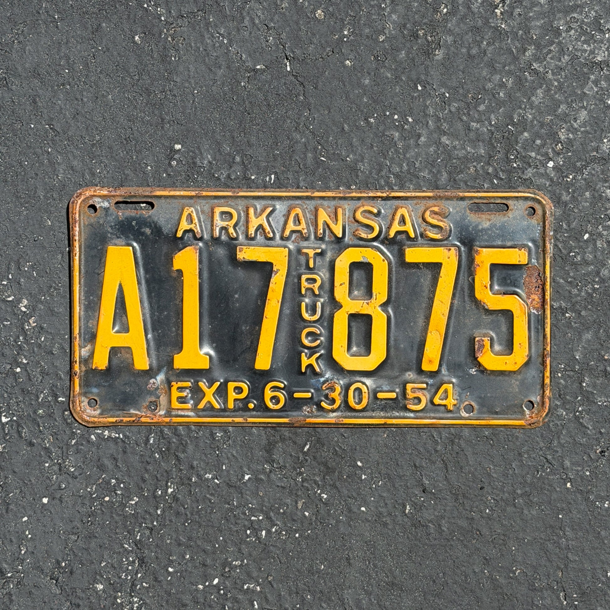 Photo of a 1954 Arkansas Truck License Plate Auto Tag Garage Decor Vintage A17 875 with original patina