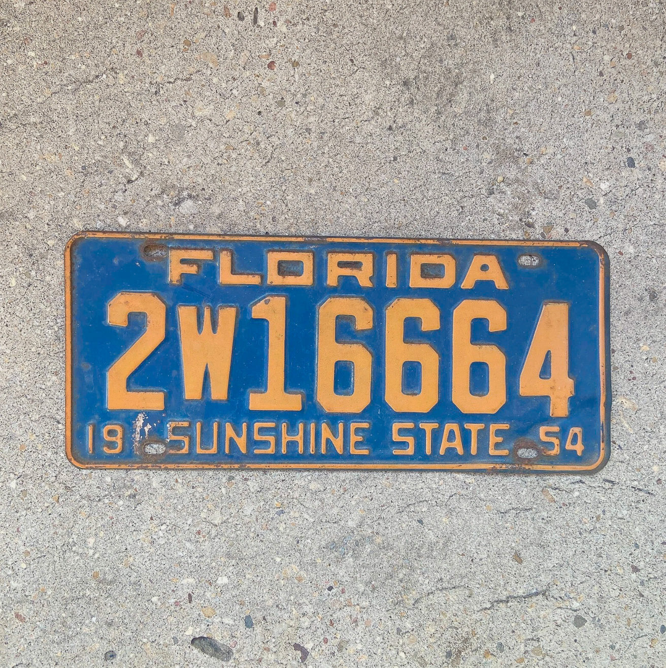 Photo of a 1954 Florida License Plate Auto Tag Garage Decor Vintage Devil Evil 666 Repeat Repeating 2 W 16664 with original patina