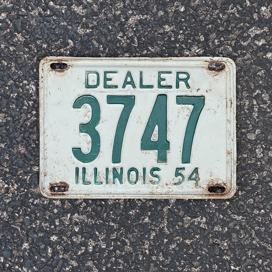 Photo of a 1954 Illinois Dealer License Plate Auto Tag Garage Decor Vintage 3747 with original patina