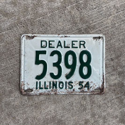 Photo of a 1954 Illinois Dealer License Plate Auto Tag Garage Decor Vintage Low Number Four Digit 5398 with original patina