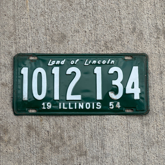 Photo of a 1954 Illinois License Plate Auto Tag Garage Decor Vintage 1 012 134 with original patina