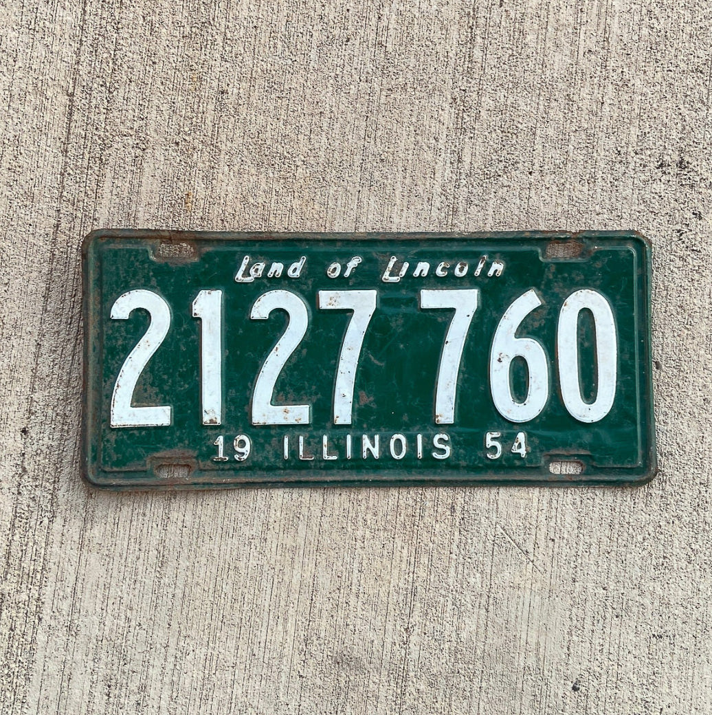 Photo of a 1954 Illinois License Plate Auto Tag Garage Decor Vintage 2127 760 with original patina