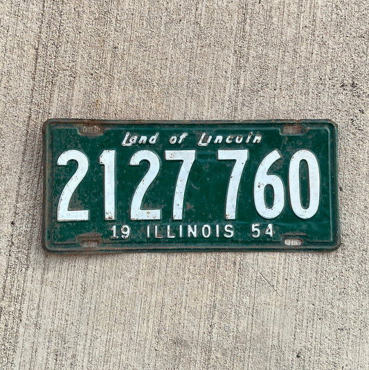 Photo of a 1954 Illinois License Plate Auto Tag Garage Decor Vintage 2127 760 with original patina