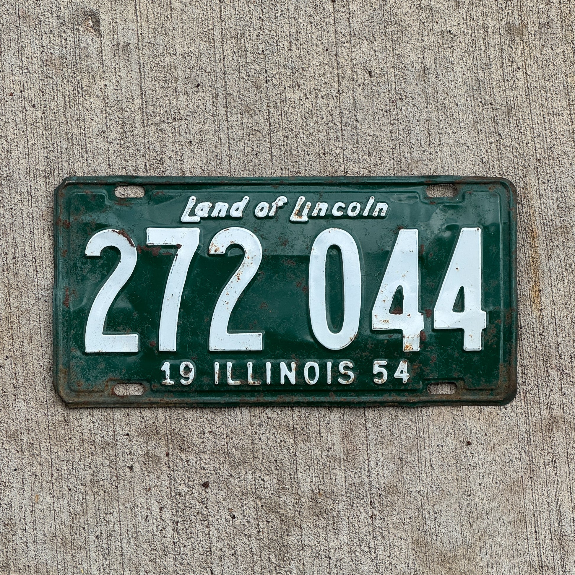 Photo of a 1954 Illinois License Plate Auto Tag Garage Decor Vintage 272 044 with original patina