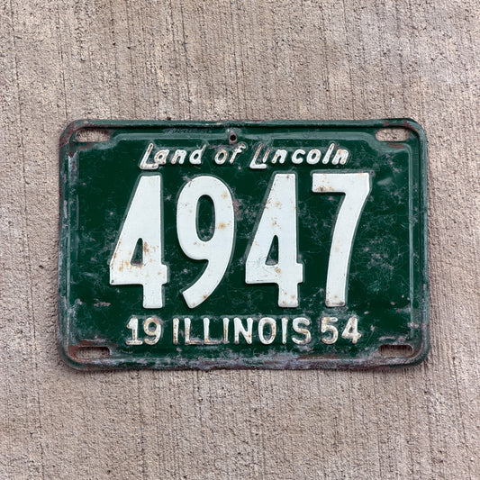 Photo of a 1954 Illinois License Plate Auto Tag Garage Decor Vintage Low Number Four Digit 4947 with original patina