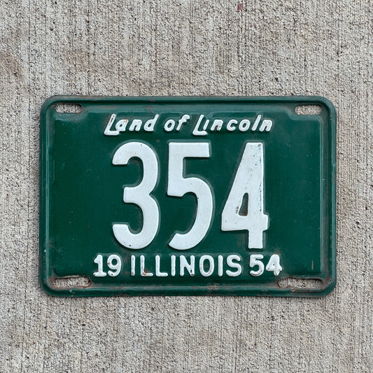 Photo of a 1954 Illinois License Plate Auto Tag Garage Decor Vintage Low Number Three Digit 354 with original patina