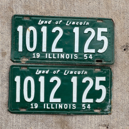 Photo of a 1954 Illinois License Plate Pair Auto Tag Garage Decor Vintage 1 012 125 with original patina