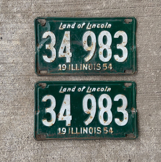 Photo of a 1954 Illinois License Plate Pair Auto Tag Garage Decor Vintage 34983 with original patina