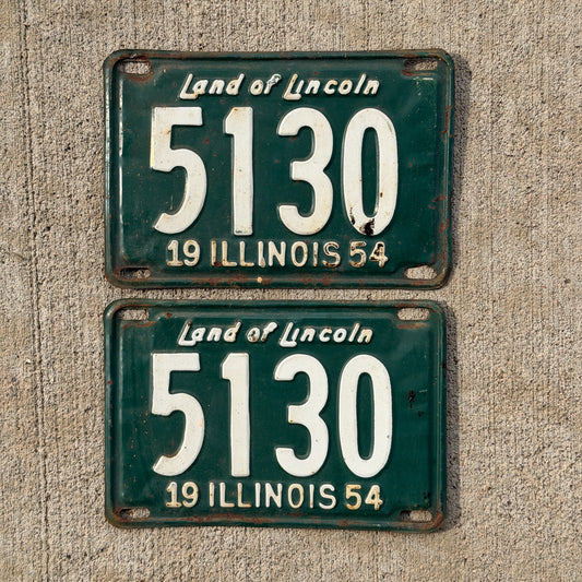 Photo of a 1954 Illinois License Plate Pair Auto Tag Garage Decor Vintage Low Number Four Digit 5130 with original patina