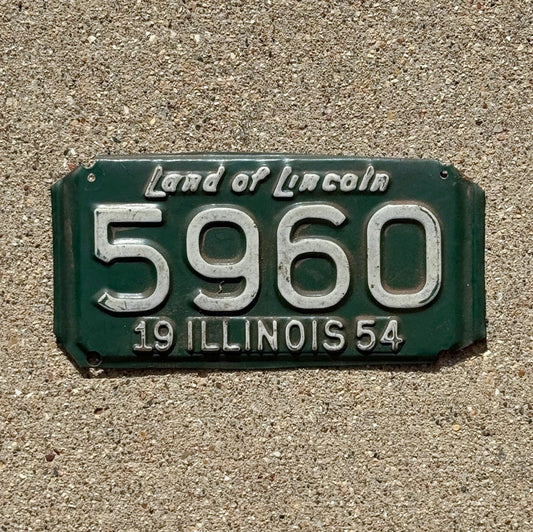 Photo of a 1954 Illinois Motorcycle License Plate Auto Tag Garage Decor Vintage 5960 with original patina