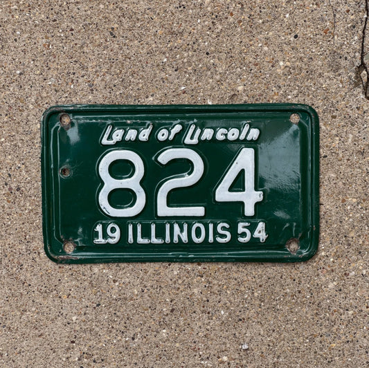 Photo of a 1954 Illinois Motorcycle License Plate Auto Tag Garage Decor Vintage Low Number Three Digit 824 with original patina