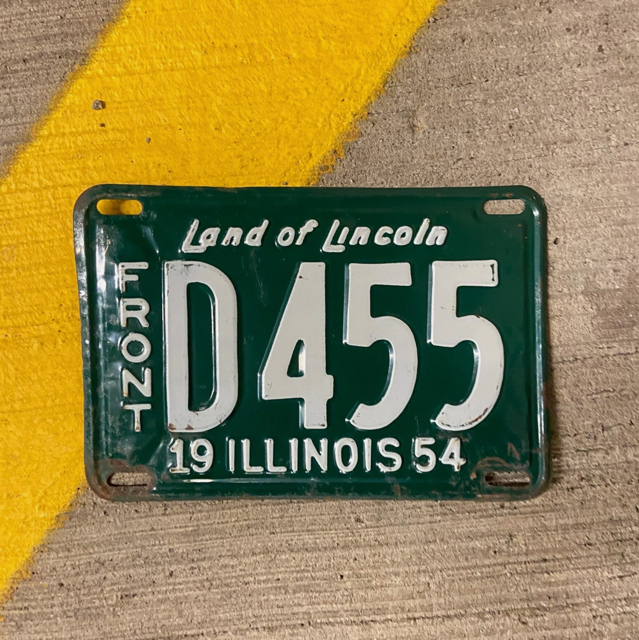 Photo of a 1954 Illinois Truck License Plate Auto Tag Garage Decor Vintage D 455 with original patina