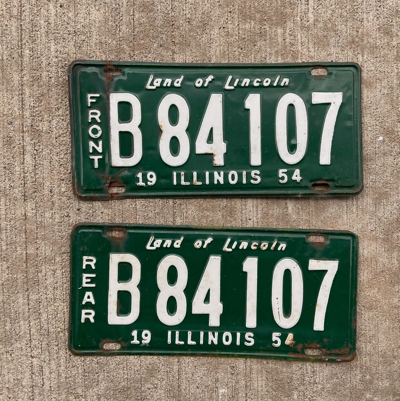Photo of a 1954 Illinois Truck License Plate Pair Auto Tag Garage Decor Vintage B 84107 with original patina