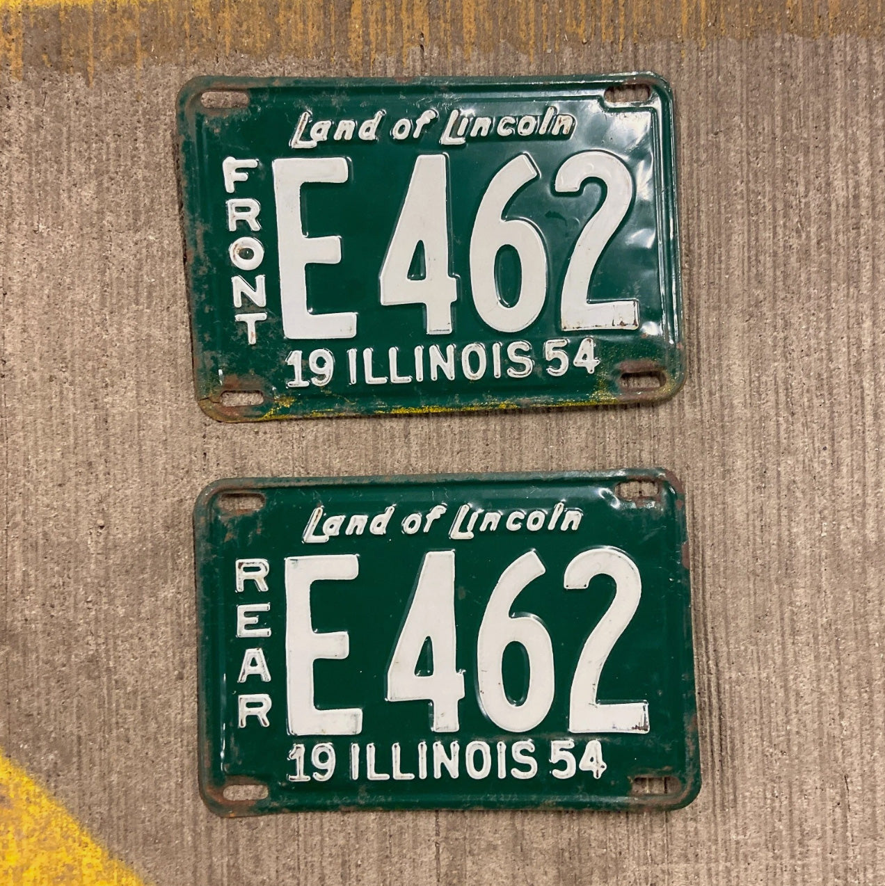 Photo of a 1954 Illinois Truck License Plate Pair Auto Tag Garage Decor Vintage Low Number Three Digit E 462 with original patina