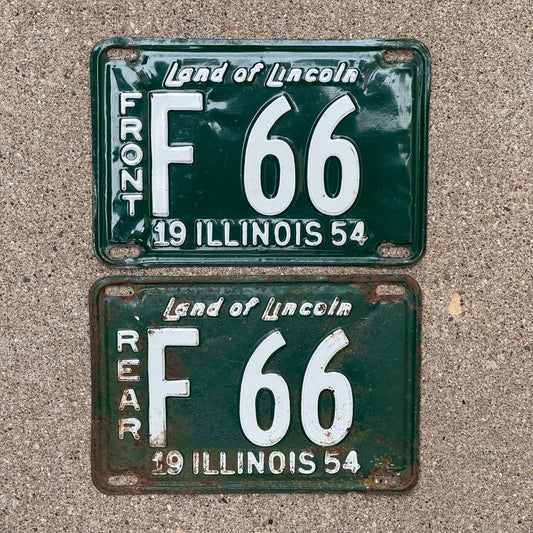 Photo of a 1954 Illinois Truck License Plate Pair Auto Tag Garage Decor Vintage Low Number Two Digit F 66 with original patina