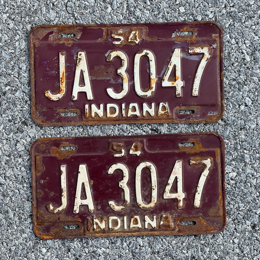 Photo of a 1954 Indiana License Plate Pair Auto Tag Garage Decor Vintage JA3047