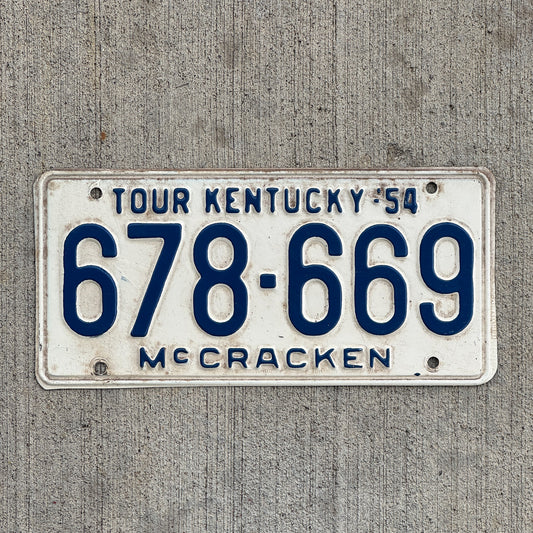 Photo of a 1954 Kentucky License Plate Auto Tag Garage Decor Vintage McCracken County 678 669 with original patina