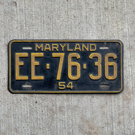 Photo of a 1954 Maryland License Plate Auto Tag Garage Decor Vintage EE 76 36 with original patina