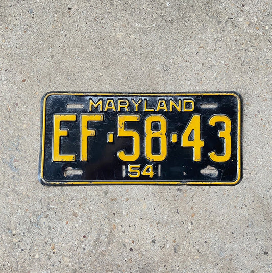 Photo of a 1954 Maryland License Plate Auto Tag Garage Decor Vintage EF 58 43 with original patina