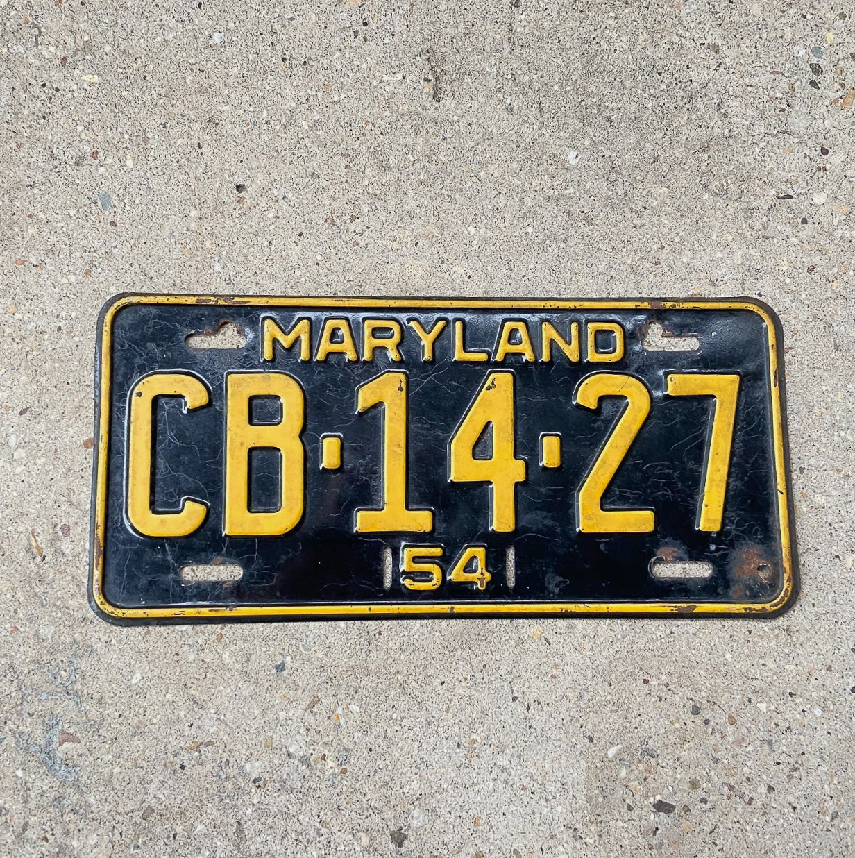 Photo of a 1954 Maryland License Plate Auto Tag Garage Decor Vintage Single Plate Year CB 14 27 with original patina