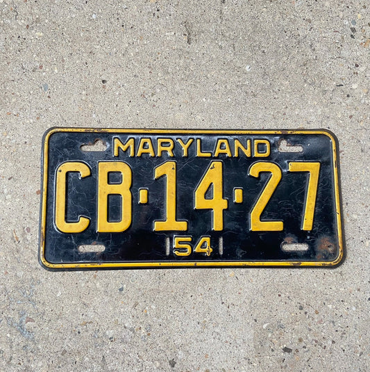 Photo of a 1954 Maryland License Plate Auto Tag Garage Decor Vintage Single Plate Year CB 14 27 with original patina