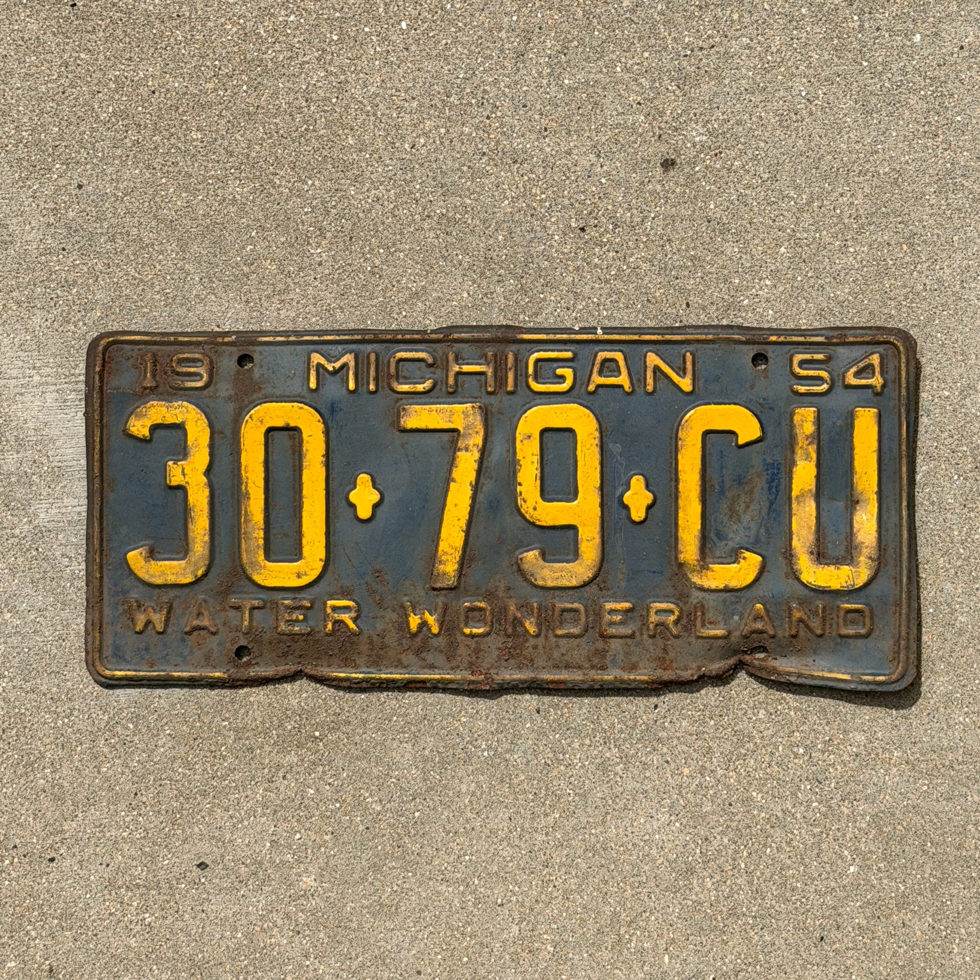 Photo of a 1954 Michigan Commercial License Plate Auto Tag Garage Decor Vintage 30 79 CU with original patina