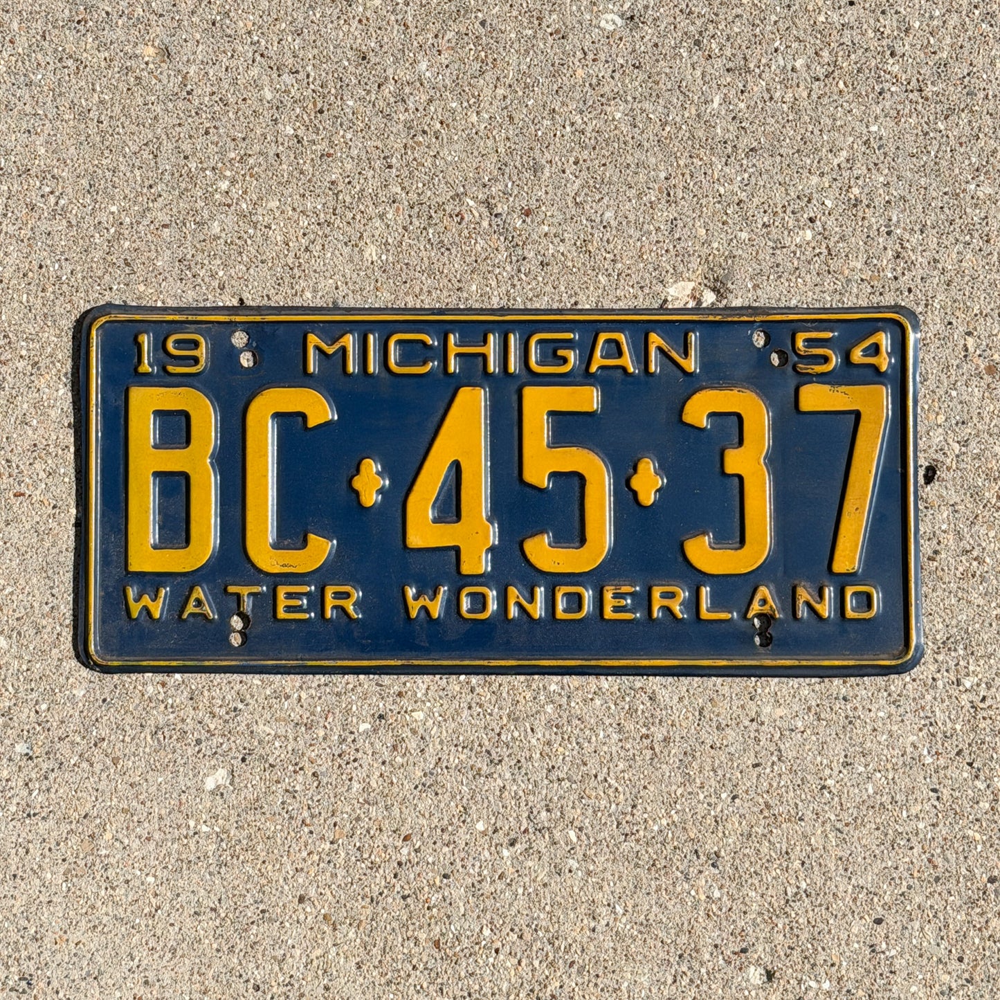 Photo of a 1954 Michigan License Plate Auto Tag Garage Decor Vintage BC 45 37 with original patina