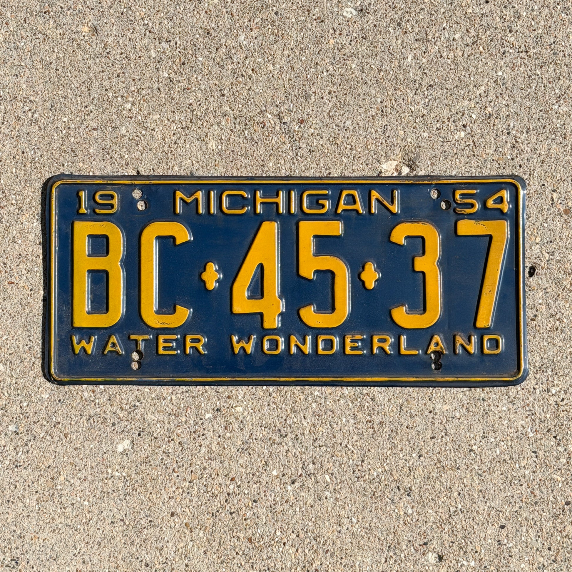 Photo of a 1954 Michigan License Plate Auto Tag Garage Decor Vintage BC 45 37 with original patina