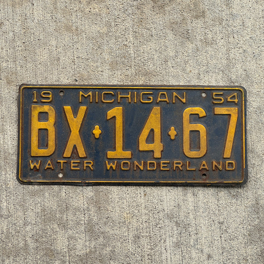 Photo of a 1954 Michigan License Plate Auto Tag Garage Decor Vintage BX 14 67 with original patina