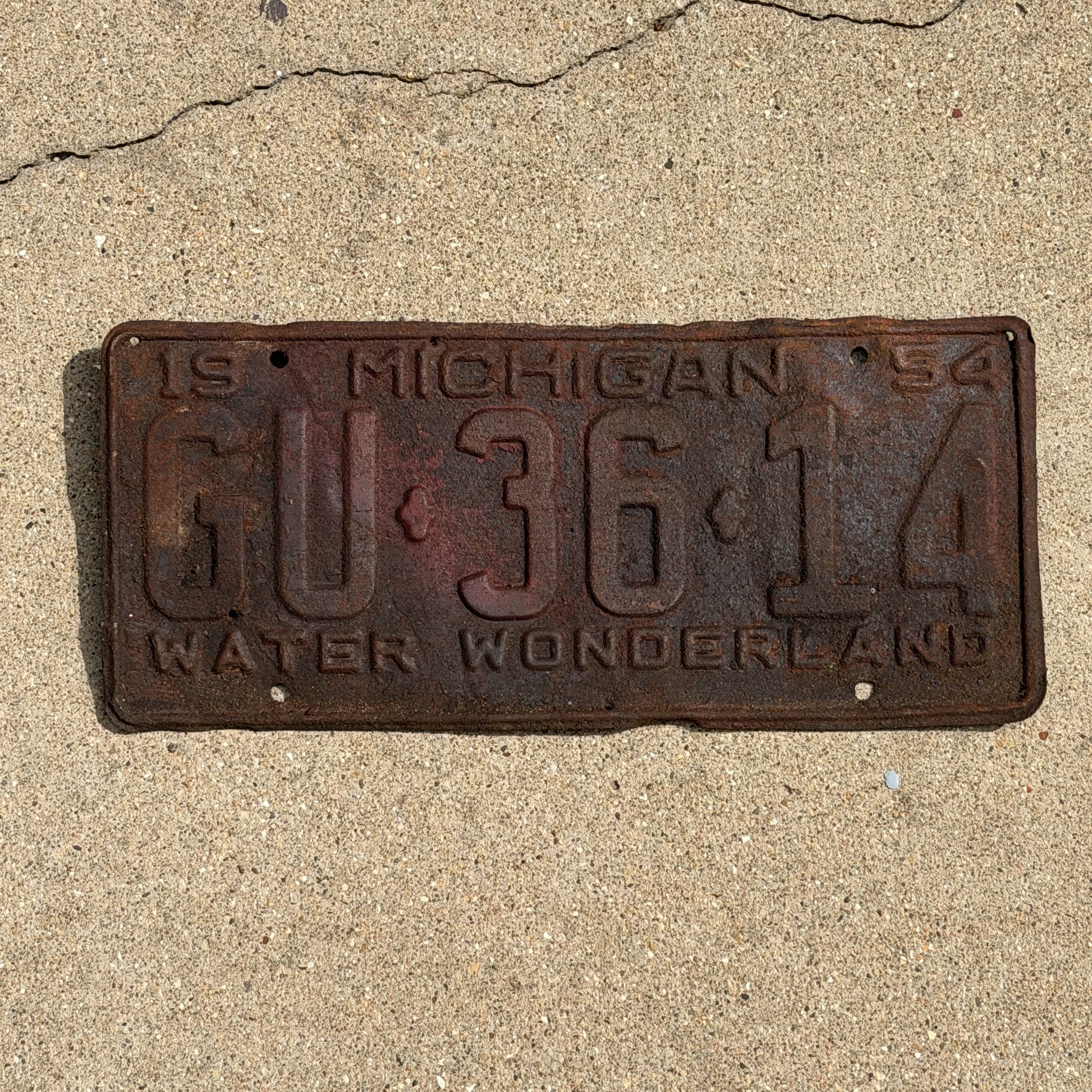 Photo of a 1954 Michigan License Plate Auto Tag Garage Decor Vintage GU 36 14 with original patina