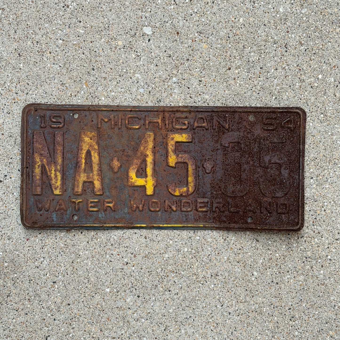 Photo of a 1954 Michigan License Plate Auto Tag Garage Decor Vintage NA 45 35 with original patina