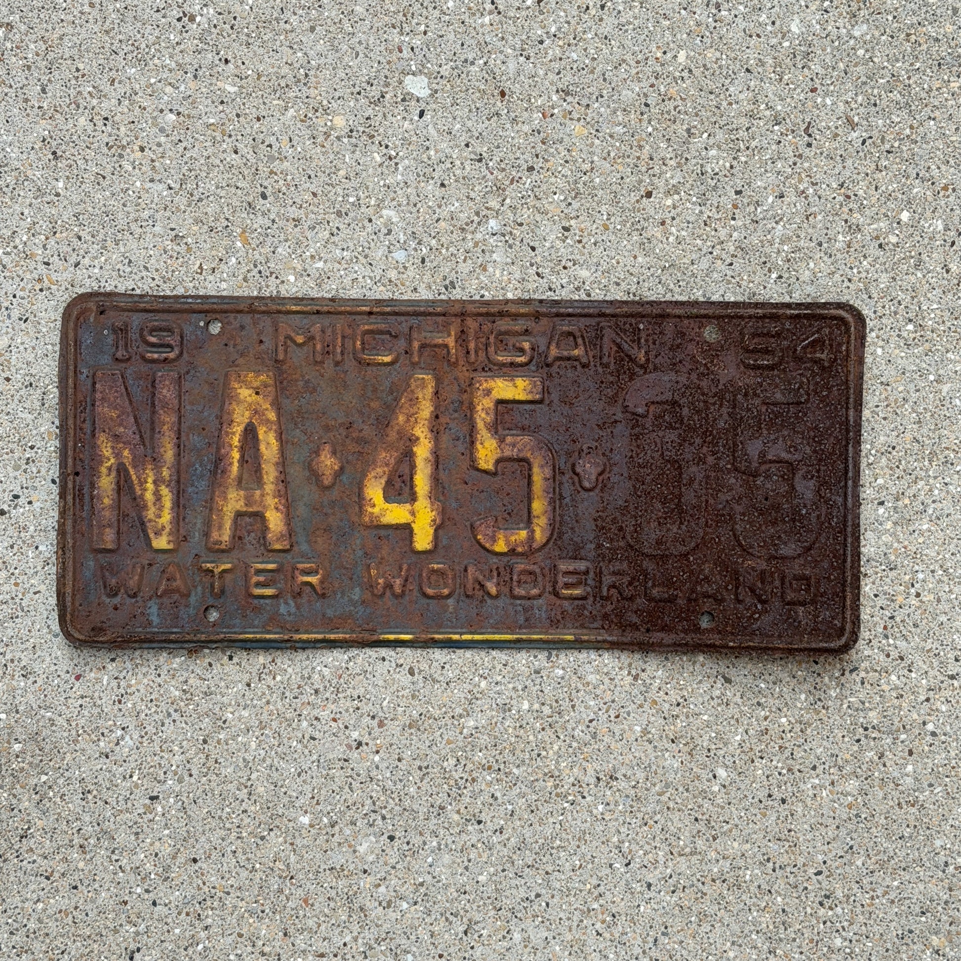 Photo of a 1954 Michigan License Plate Auto Tag Garage Decor Vintage NA 45 35 with original patina