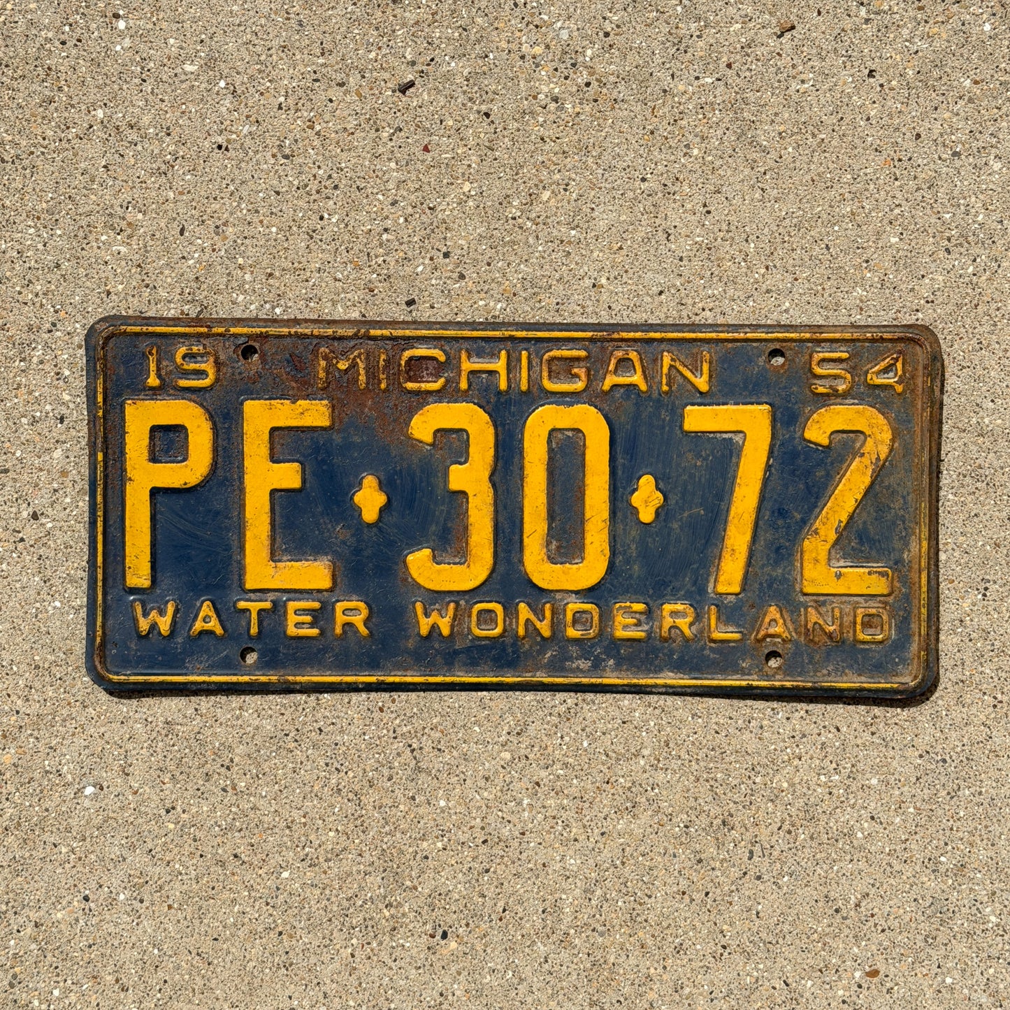 Photo of a 1954 Michigan License Plate Auto Tag Garage Decor Vintage PE 30 72 with original patina