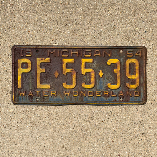 Photo of a 1954 Michigan License Plate Auto Tag Garage Decor Vintage PE 55 39 with original patina