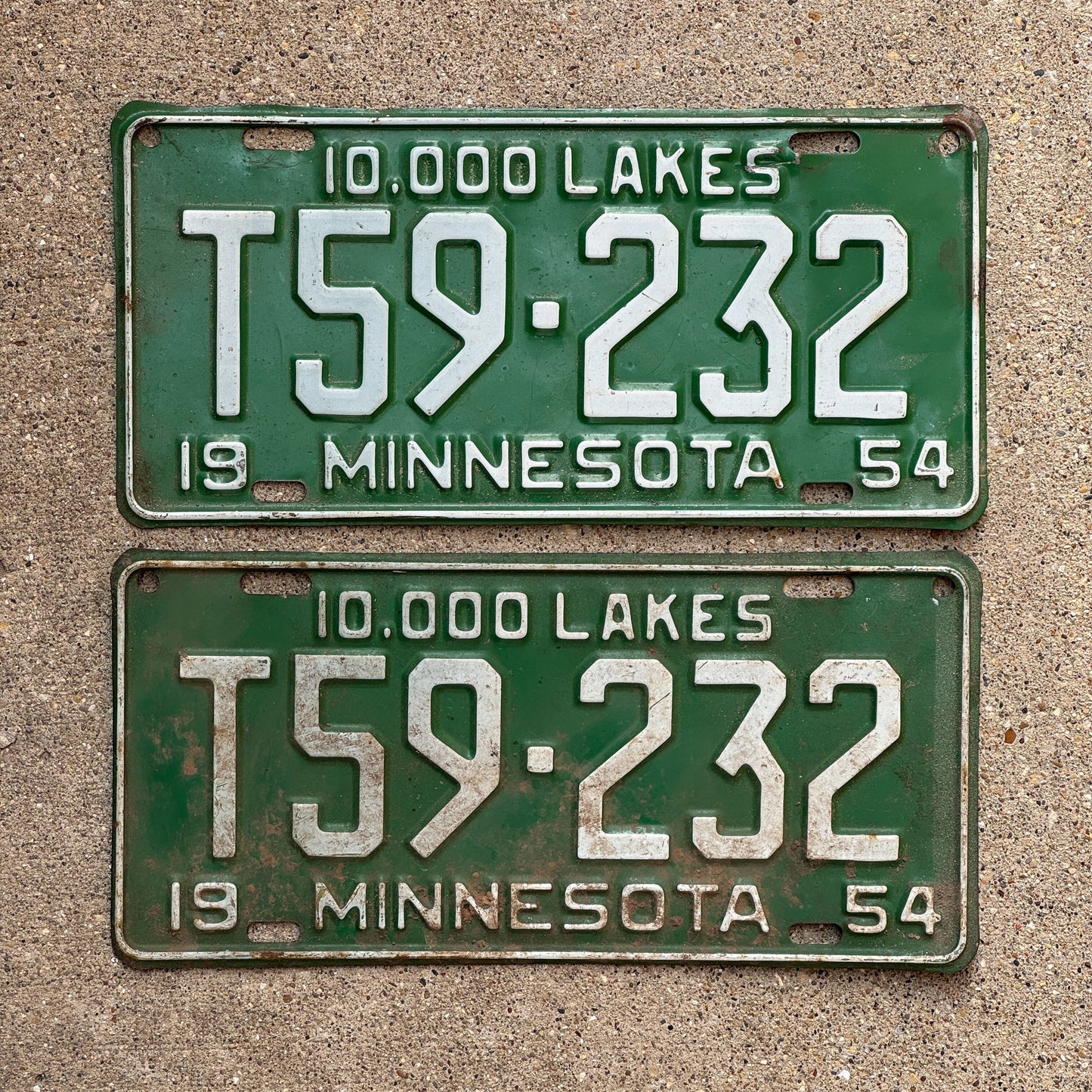 Photo of a 1954 Minnesota Farm Truck License Plate Pair Auto Tag Garage Decor Vintage T59 232 with original patina