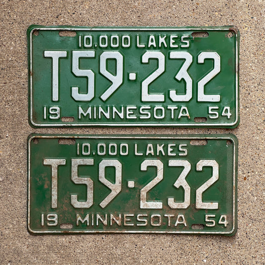 Photo of a 1954 Minnesota Farm Truck License Plate Pair Auto Tag Garage Decor Vintage T59 232 with original patina