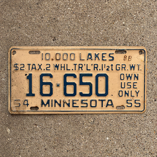 Photo of a 1954 Minnesota Private Trailer License Plate Auto Tag Garage Decor Vintage 16 650 with original patina