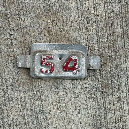 Photo of a 1954 New Jersey Tab License Plate Auto Tag Garage Decor Vintage 0055782 with original patina